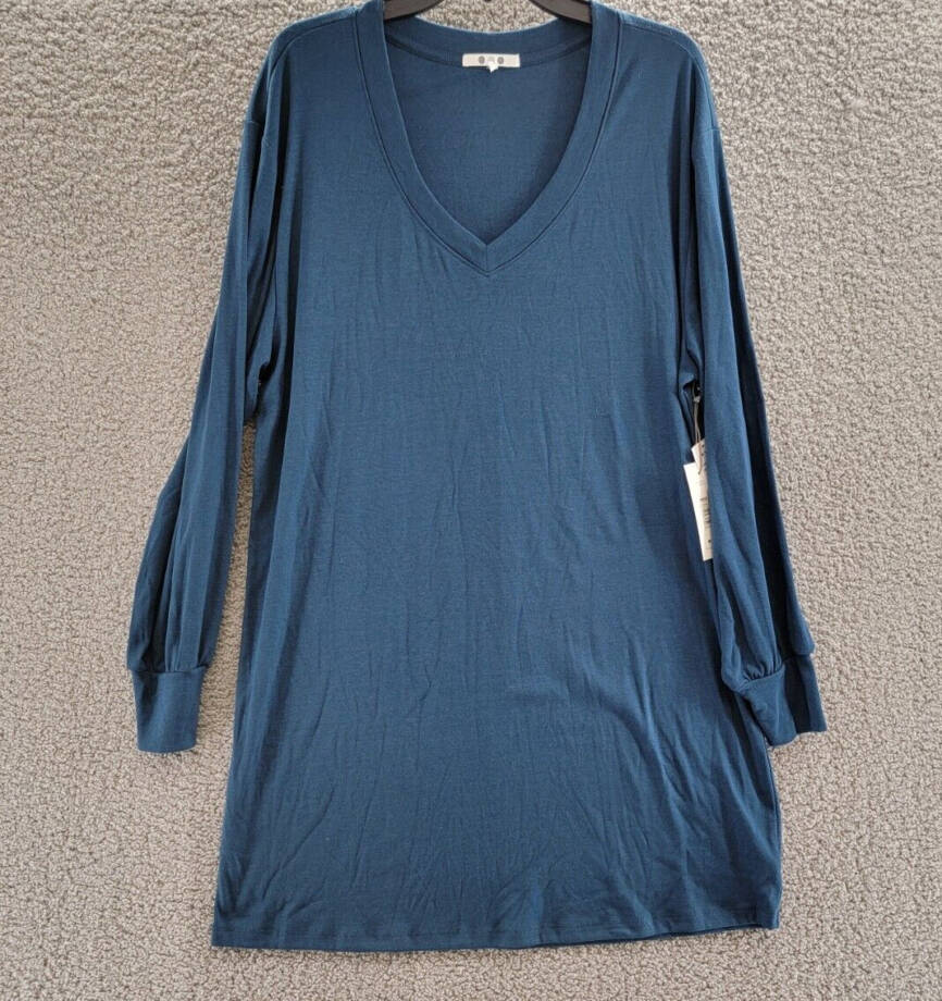 Three Dots V-Neck T-Shirt Dress Women's L Moonlit Ocean Long Sleeve Pullover
