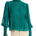 FARM Rio Ruffled Clip Dot Blouse Women's M Emerald High Smocked Neck Long Sleeve