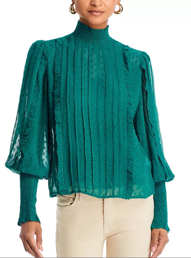 FARM Rio Ruffled Clip Dot Blouse Women's M Emerald High Smocked Neck Long Sleeve