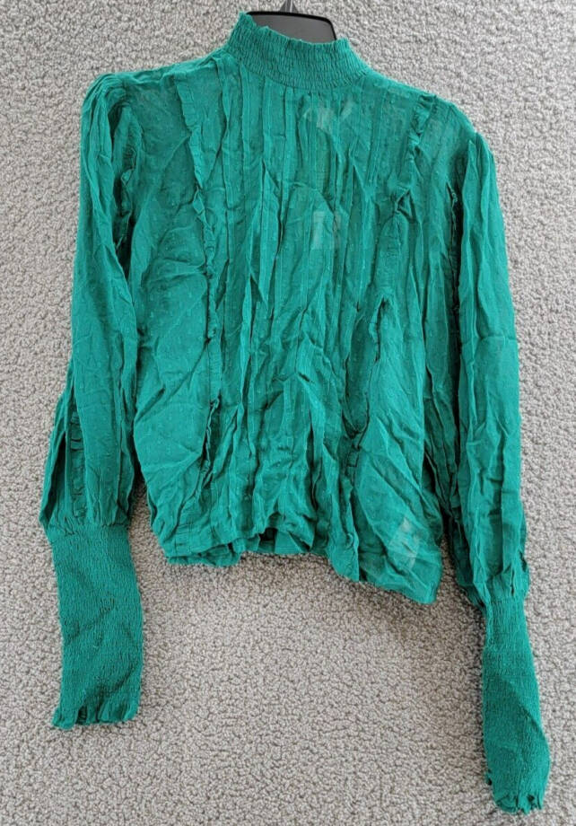 FARM Rio Ruffled Clip Dot Blouse Women's M Emerald High Smocked Neck Long Sleeve
