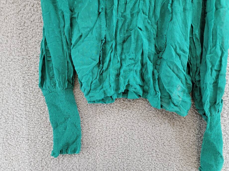 FARM Rio Ruffled Clip Dot Blouse Women's M Emerald High Smocked Neck Long Sleeve