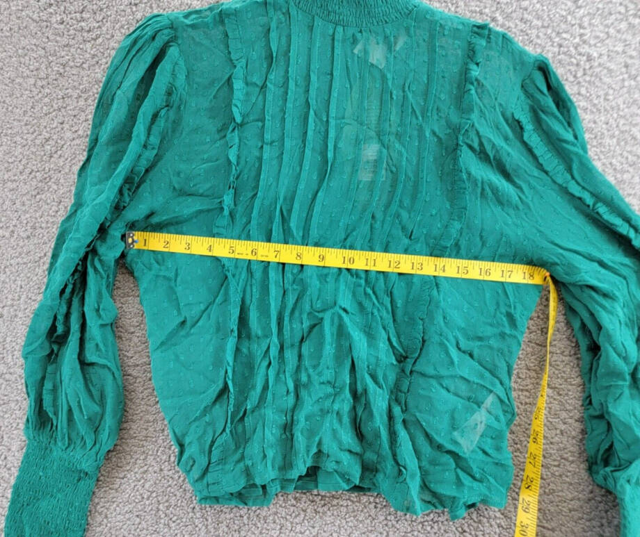 FARM Rio Ruffled Clip Dot Blouse Women's M Emerald High Smocked Neck Long Sleeve
