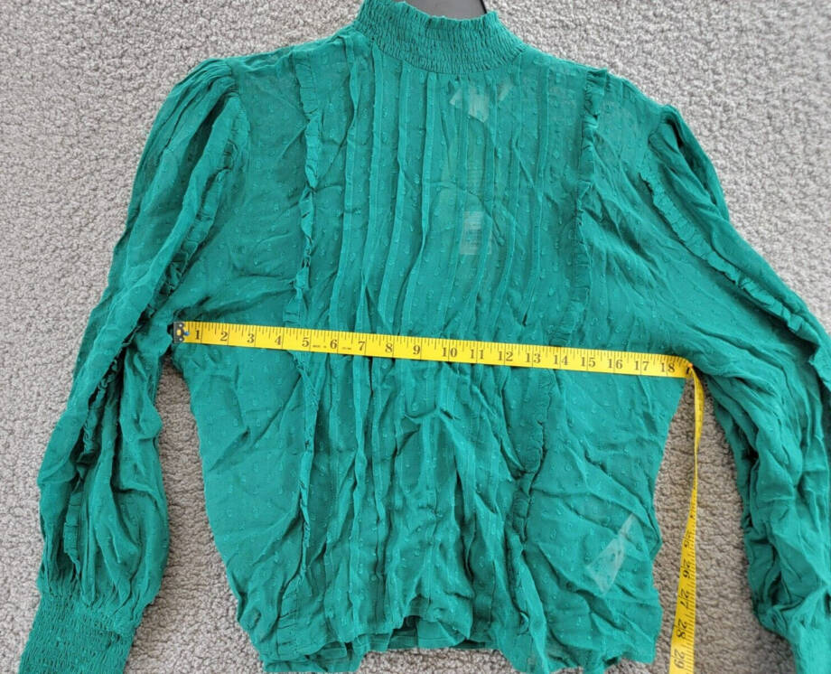 FARM Rio Ruffled Clip Dot Blouse Women's M Emerald High Smocked Neck Long Sleeve