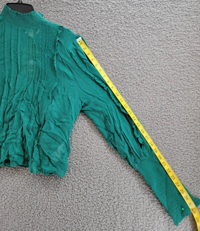 FARM Rio Ruffled Clip Dot Blouse Women's M Emerald High Smocked Neck Long Sleeve