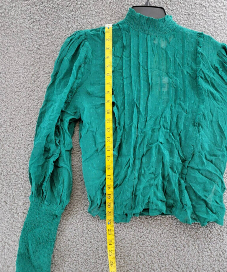 FARM Rio Ruffled Clip Dot Blouse Women's M Emerald High Smocked Neck Long Sleeve