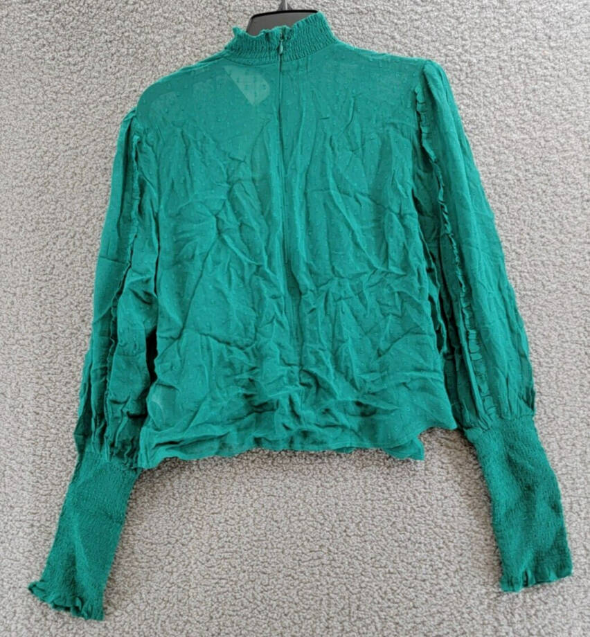 FARM Rio Ruffled Clip Dot Blouse Women's M Emerald High Smocked Neck Long Sleeve