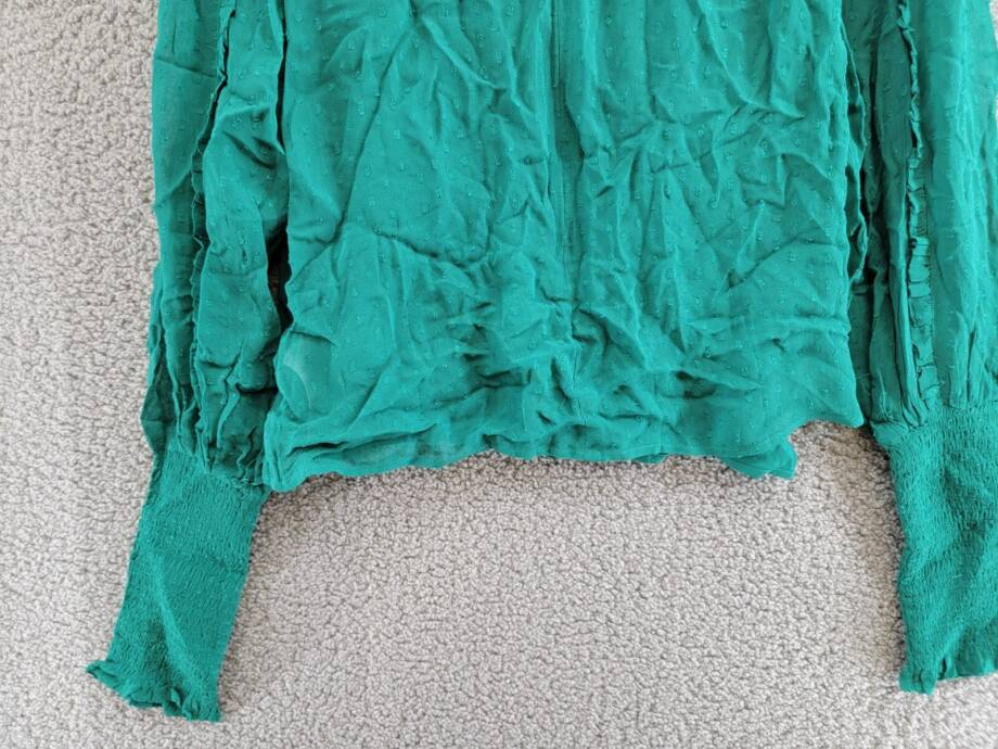 FARM Rio Ruffled Clip Dot Blouse Women's M Emerald High Smocked Neck Long Sleeve