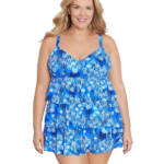ShapeSolver by Penbrooke Plus Size Triple Tier Swim Dress Women's 18W Blue/White