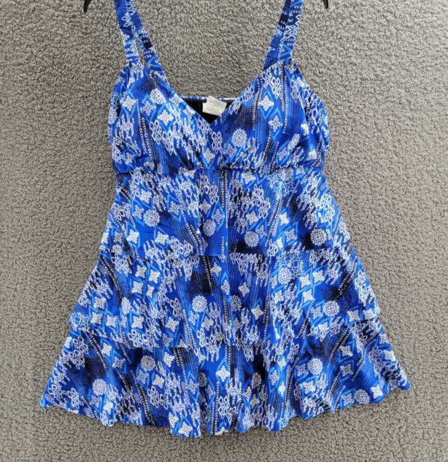 ShapeSolver by Penbrooke Plus Size Triple Tier Swim Dress Women's 18W Blue/White