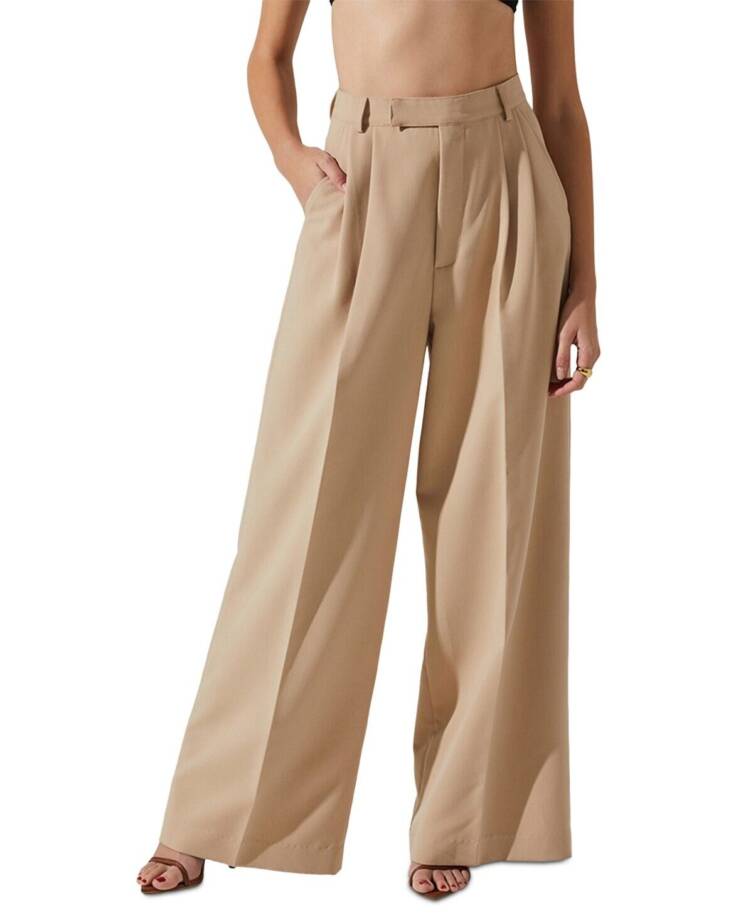ASTR the Label Milani Wide-Leg Pleated Pants Women's S Taupe Hook & Bar Closure~