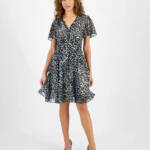 GUESS Felicia Flutter-Sleeve Flare Dress Women's XS Black Combo Printed V-Neck