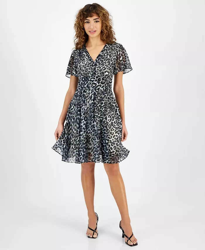 GUESS Felicia Flutter-Sleeve Flare Dress Women's XS Black Combo Printed V-Neck