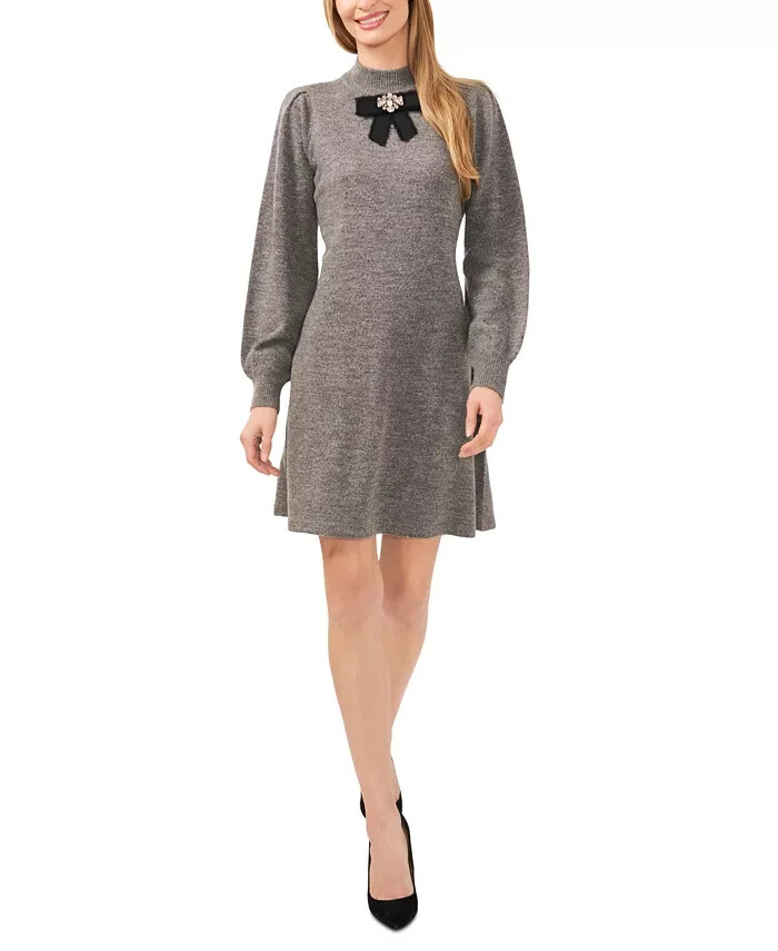CeCe Embellished Bow Long-Sleeve Sweater Dress Women's XL Smoke Gray Pullover