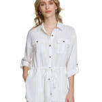 Calvin Klein Striped Drawstring-Waist Tunic Blouse Women's S Soft White Collared