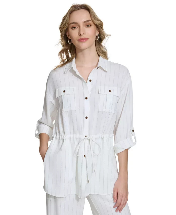 Calvin Klein Striped Drawstring-Waist Tunic Blouse Women's S Soft White Collared