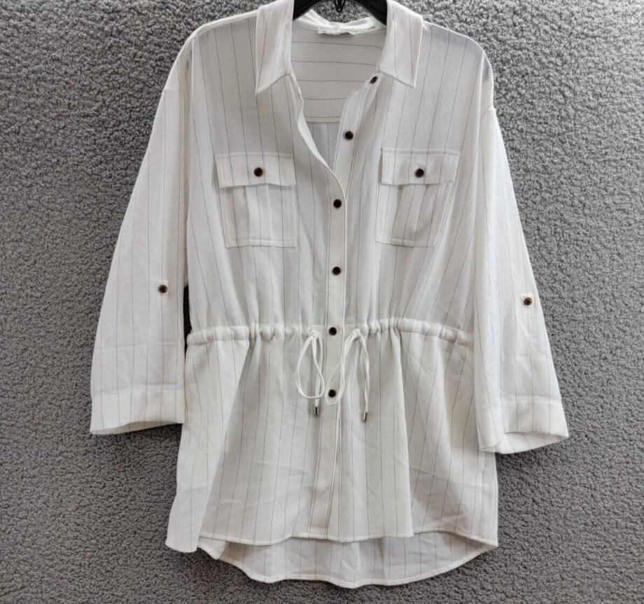Calvin Klein Striped Drawstring-Waist Tunic Blouse Women's S Soft White Collared