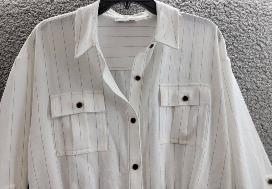 Calvin Klein Striped Drawstring-Waist Tunic Blouse Women's S Soft White Collared