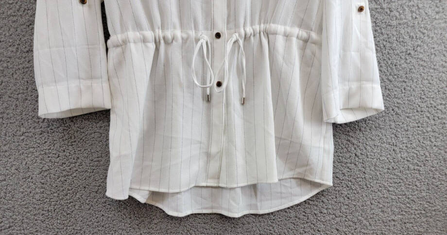 Calvin Klein Striped Drawstring-Waist Tunic Blouse Women's S Soft White Collared