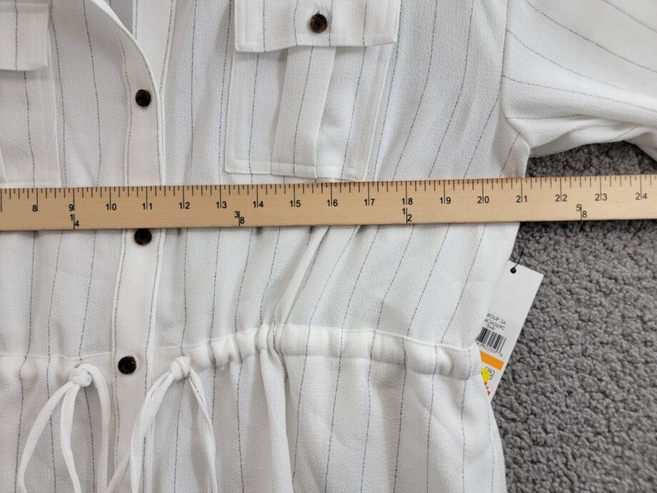Calvin Klein Striped Drawstring-Waist Tunic Blouse Women's S Soft White Collared