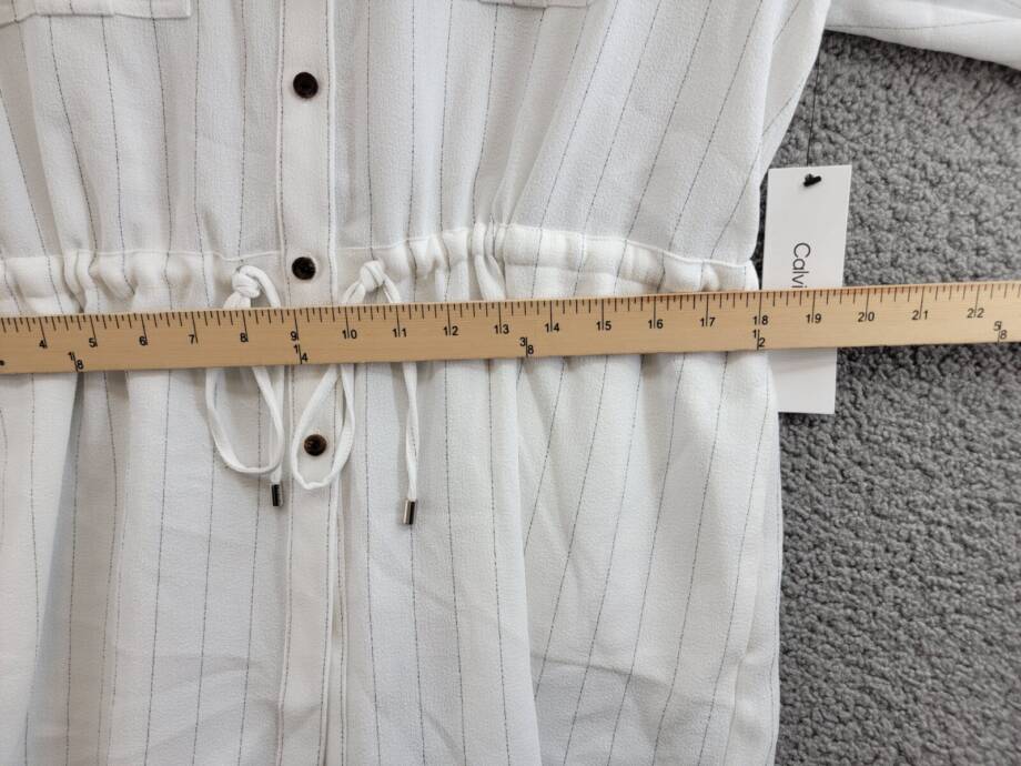 Calvin Klein Striped Drawstring-Waist Tunic Blouse Women's S Soft White Collared