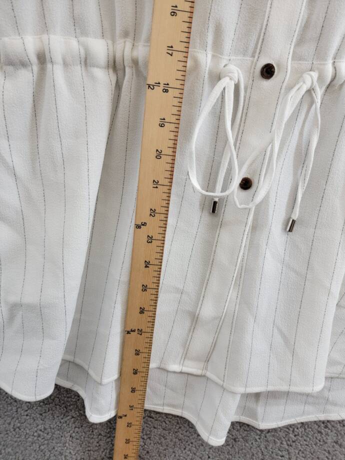 Calvin Klein Striped Drawstring-Waist Tunic Blouse Women's S Soft White Collared