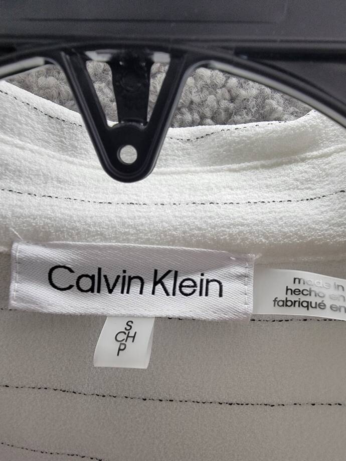 Calvin Klein Striped Drawstring-Waist Tunic Blouse Women's S Soft White Collared