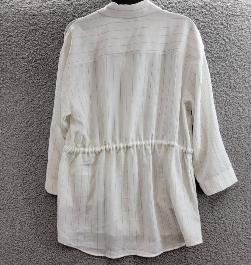 Calvin Klein Striped Drawstring-Waist Tunic Blouse Women's S Soft White Collared