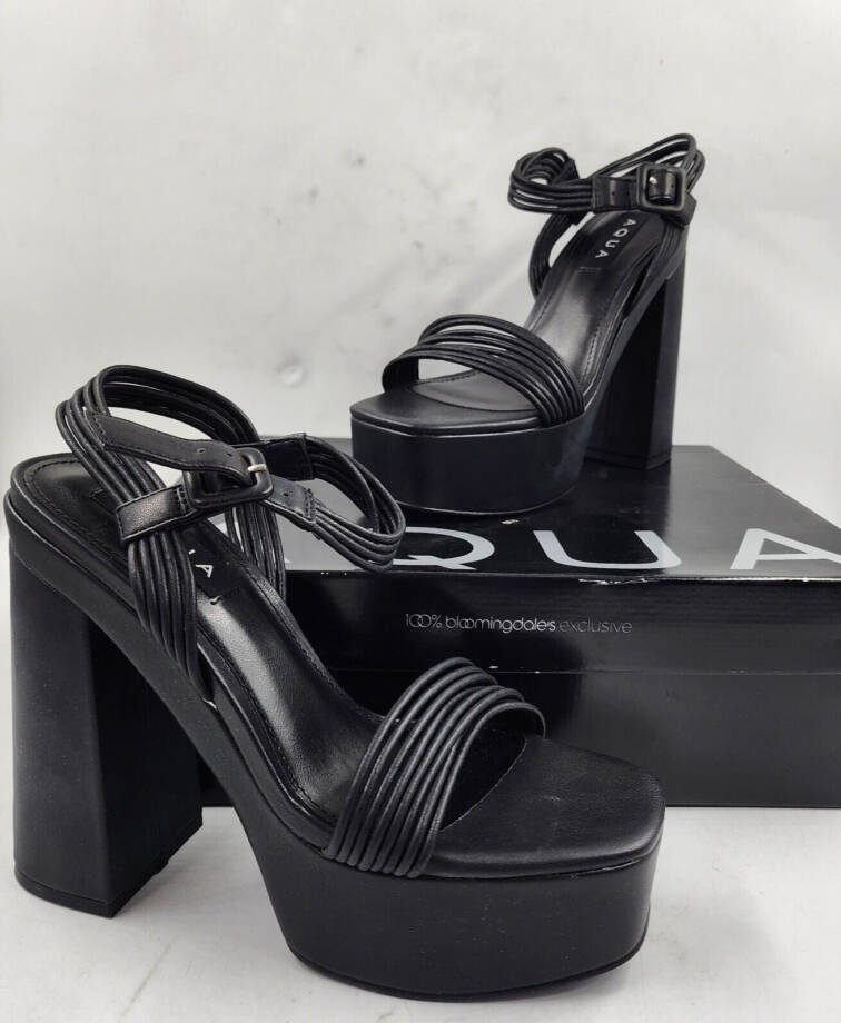 AQUA Sweet Block Heel Platform Sandals Women's 7M Black Solid Square Open Toe