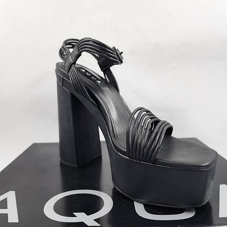 AQUA Sweet Block Heel Platform Sandals Women's 7M Black Solid Square Open Toe