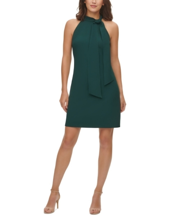 Vince Camuto Tie Neck A-Line Dress Women's 6 Hunter Back Zip Closure Sleeveless