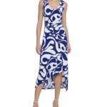 Donna Morgan Printed Wrap-Waist Asymmetric Dress Women's 8 Navy Back Zip Closure