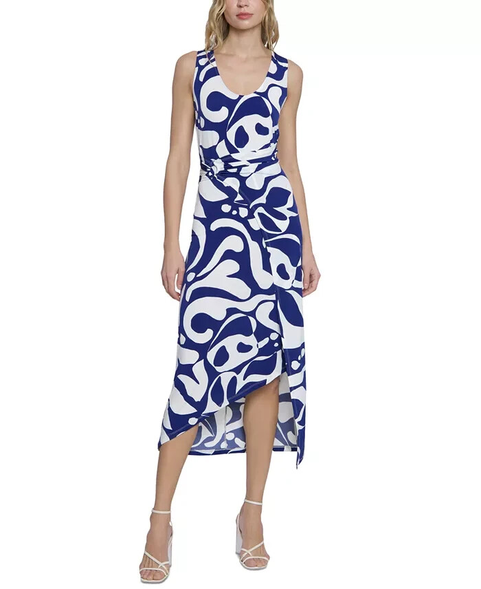 Donna Morgan Printed Wrap-Waist Asymmetric Dress Women's 8 Navy Back Zip Closure