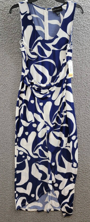 Donna Morgan Printed Wrap-Waist Asymmetric Dress Women's 8 Navy Back Zip Closure