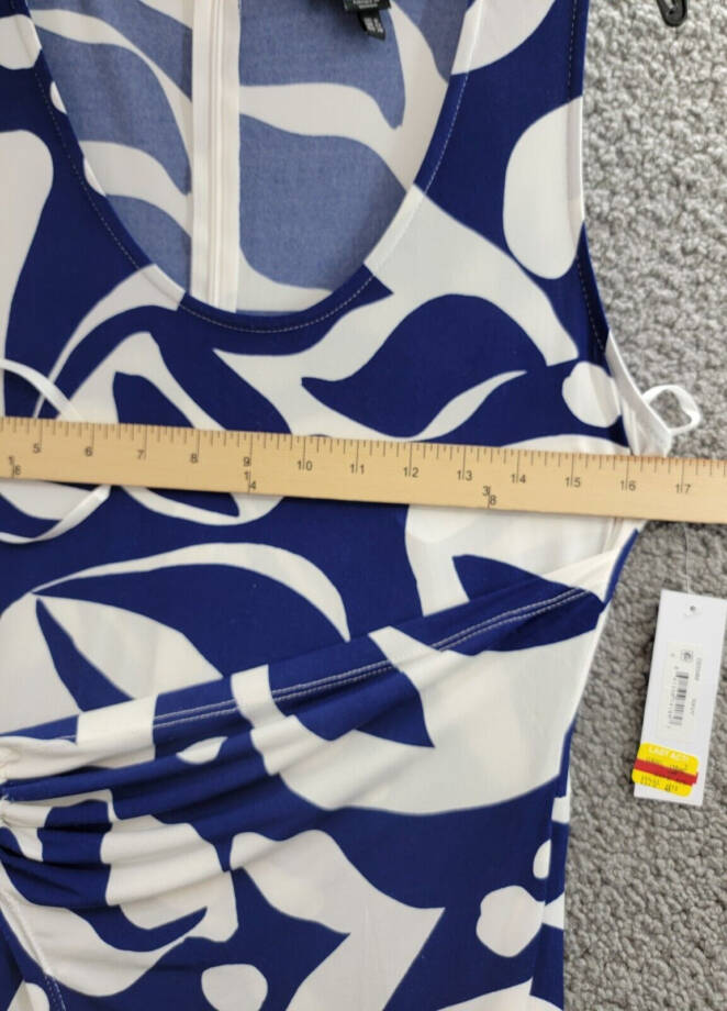 Donna Morgan Printed Wrap-Waist Asymmetric Dress Women's 8 Navy Back Zip Closure