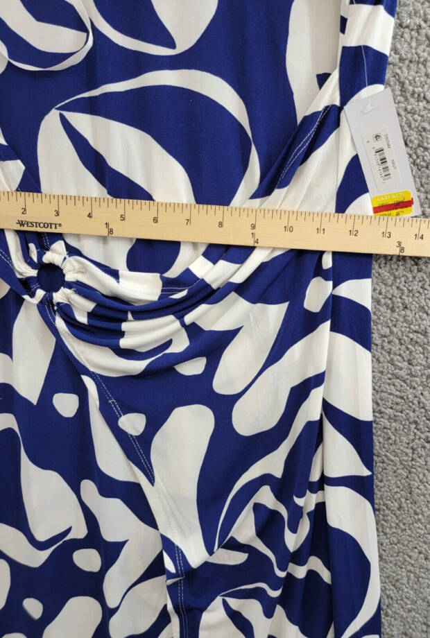 Donna Morgan Printed Wrap-Waist Asymmetric Dress Women's 8 Navy Back Zip Closure