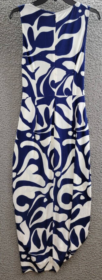 Donna Morgan Printed Wrap-Waist Asymmetric Dress Women's 8 Navy Back Zip Closure