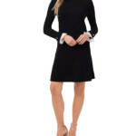 CeCe Ruffle Trim Sweater Dress Women's XL Black/White Crew Neck Pullover L/S