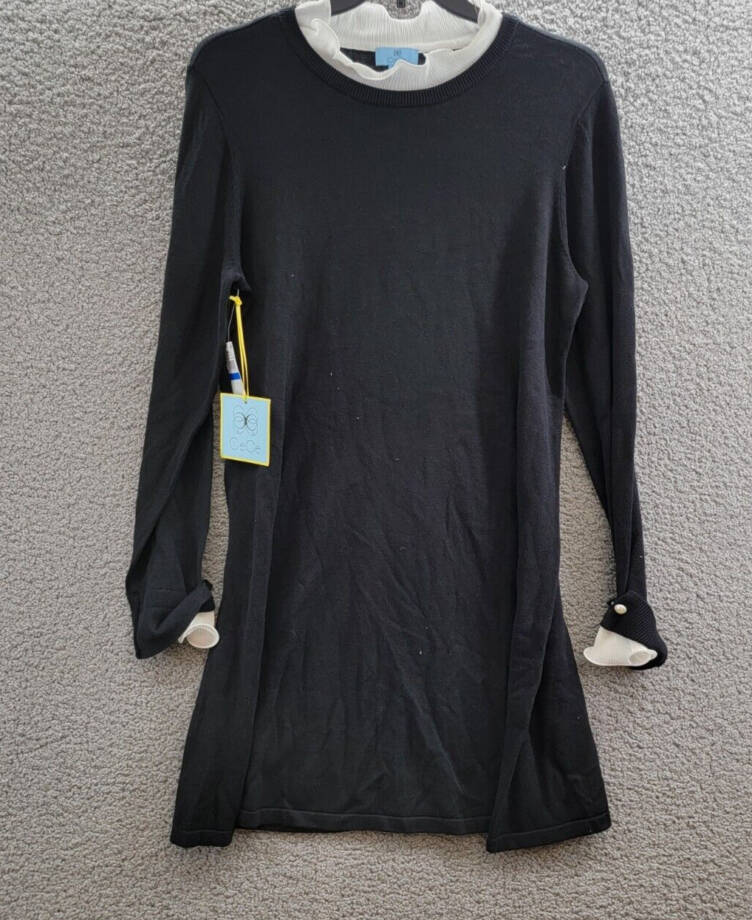CeCe Ruffle Trim Sweater Dress Women's XL Black/White Crew Neck Pullover L/S