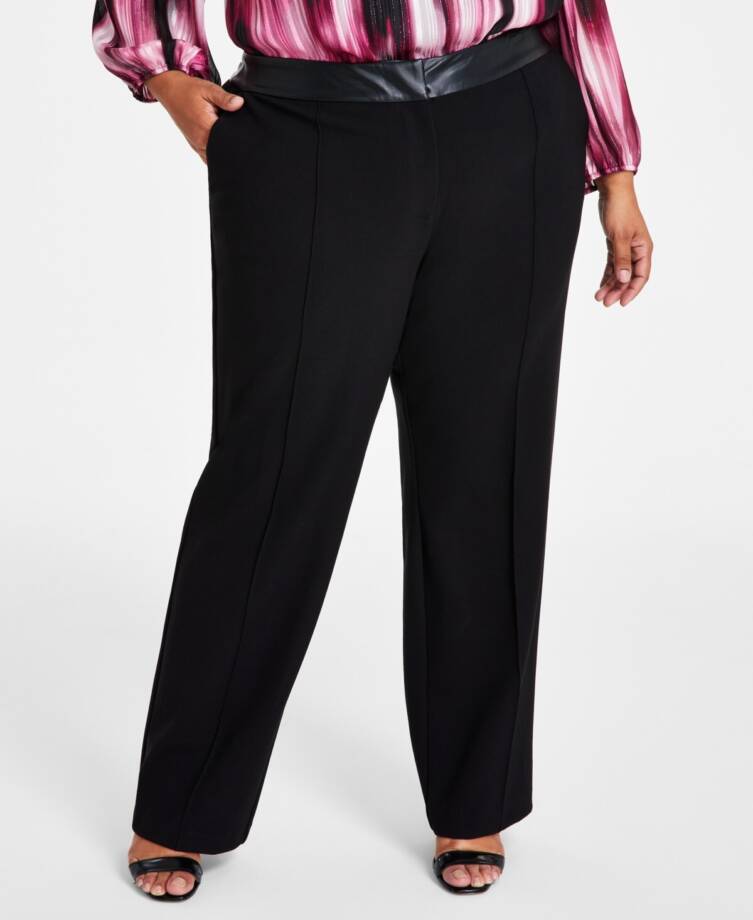 Calvin Klein Plus High-Rise Faux Leather-Waist Pants Women's 20W Black Solid
