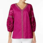 Charter Club Embroidered Bubble-Sleeve Top Women's XL Fuchsia V-Neck 3/4 Sleeve