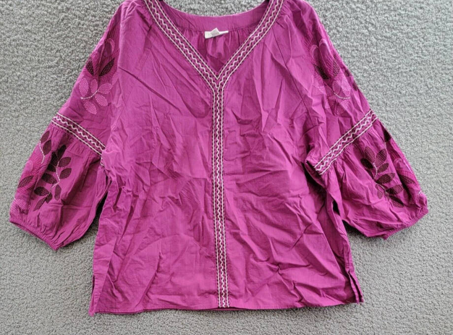 Charter Club Embroidered Bubble-Sleeve Top Women's XL Fuchsia V-Neck 3/4 Sleeve