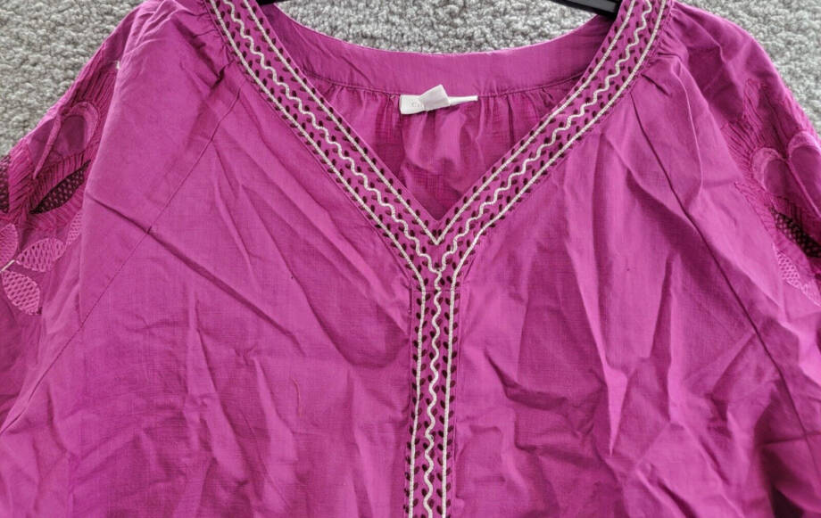 Charter Club Embroidered Bubble-Sleeve Top Women's XL Fuchsia V-Neck 3/4 Sleeve