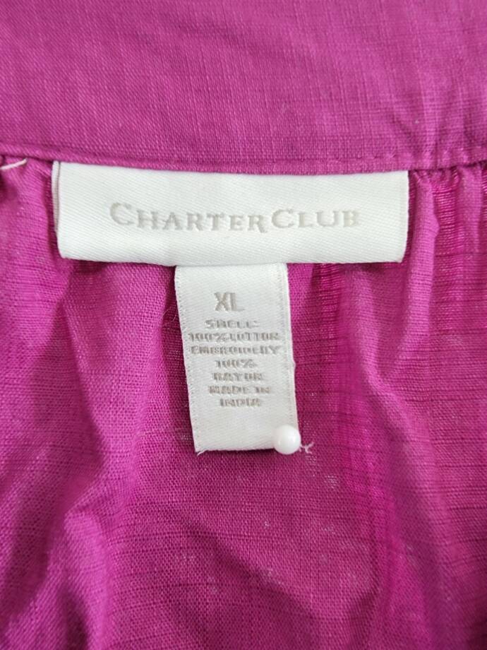 Charter Club Embroidered Bubble-Sleeve Top Women's XL Fuchsia V-Neck 3/4 Sleeve