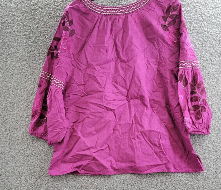 Charter Club Embroidered Bubble-Sleeve Top Women's XL Fuchsia V-Neck 3/4 Sleeve