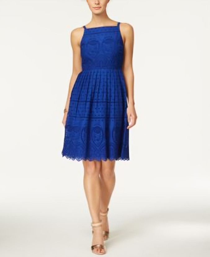 Charter Club Lace Dress Women's 4 Modern Blue Straight Neck Back Zip Closure