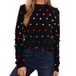 CeCe Mock Neck Rainbow Pom Pom Sweater Women's L Rich Black Long Sleeve Pullover