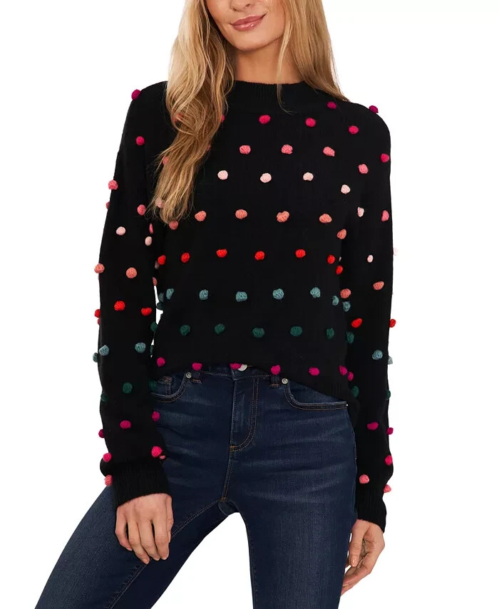 CeCe Mock Neck Rainbow Pom Pom Sweater Women's L Rich Black Long Sleeve Pullover