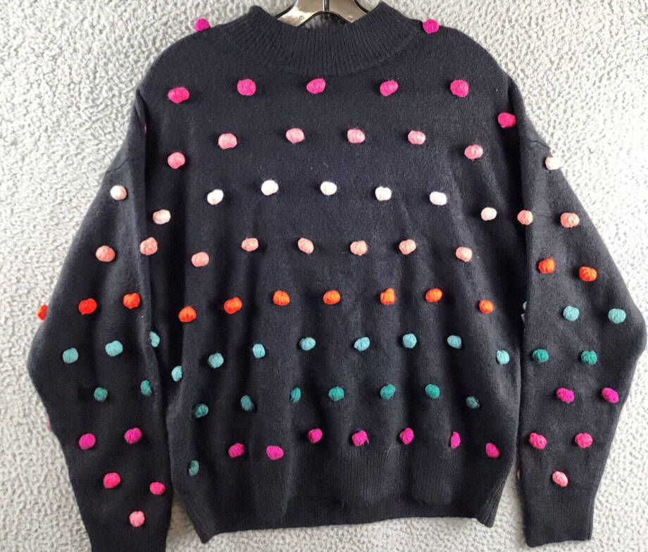 CeCe Mock Neck Rainbow Pom Pom Sweater Women's L Rich Black Long Sleeve Pullover