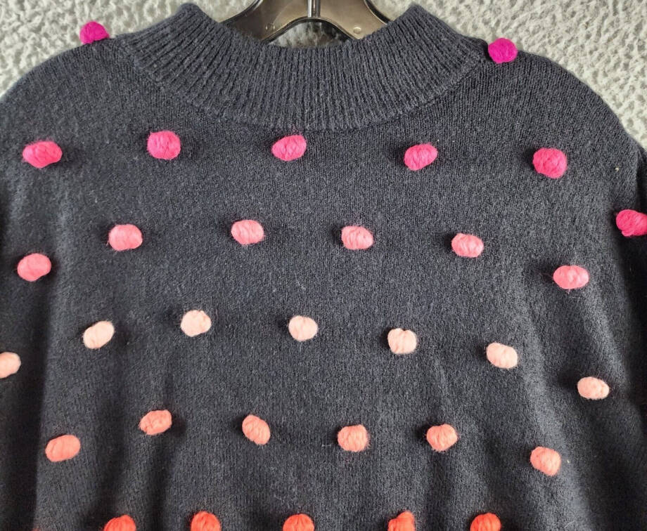 CeCe Mock Neck Rainbow Pom Pom Sweater Women's L Rich Black Long Sleeve Pullover