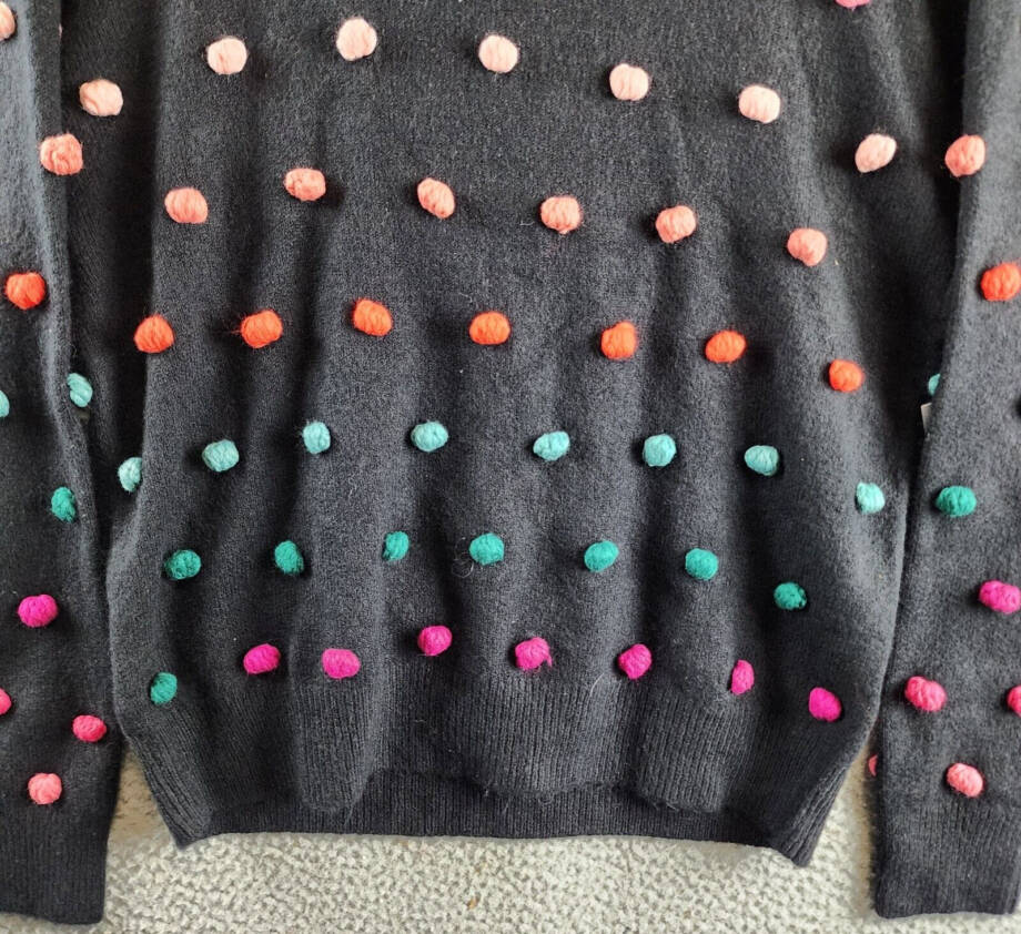 CeCe Mock Neck Rainbow Pom Pom Sweater Women's L Rich Black Long Sleeve Pullover